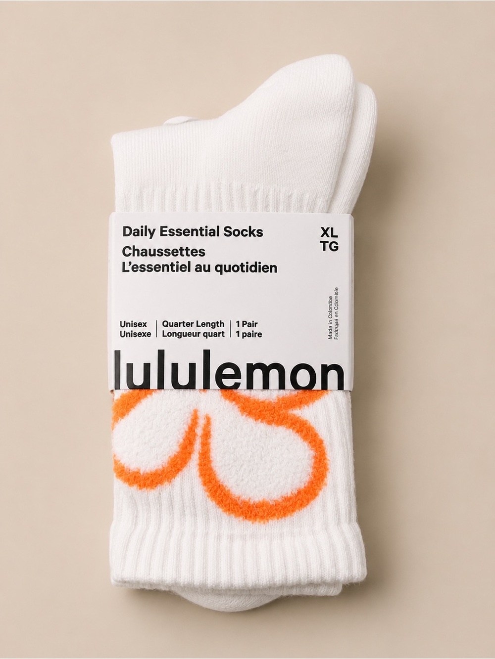 Lululemon Daily Essential Quarter Socks XL White Orange Floral Fuzzy Crew Socks